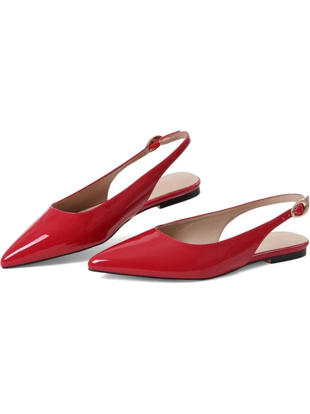 Women's Red Leather Closed Pointed Toe Ballet Flats Adjustable Buckle Flat Shoes